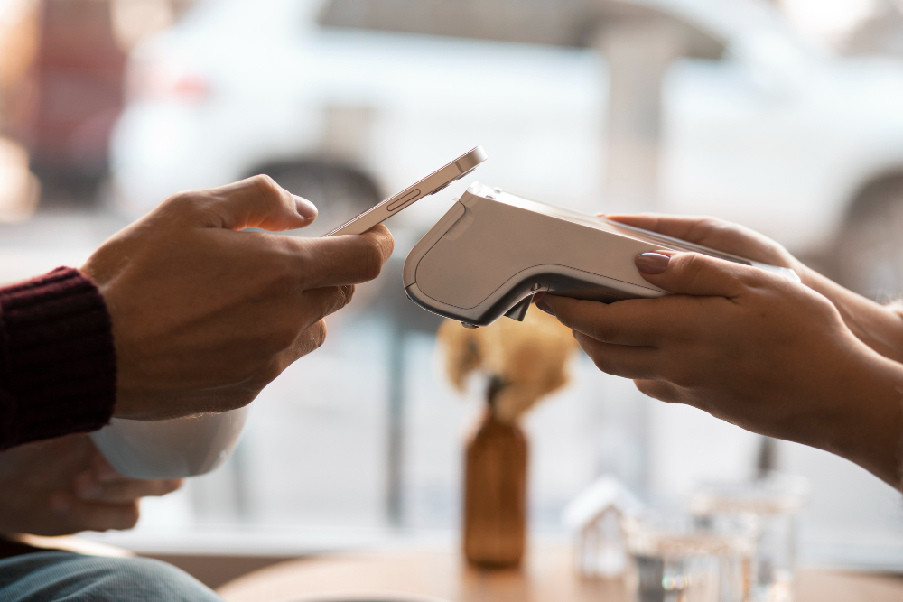 Contactless payment with phone at POS terminal. Non-Cash Payment (NCP) method.